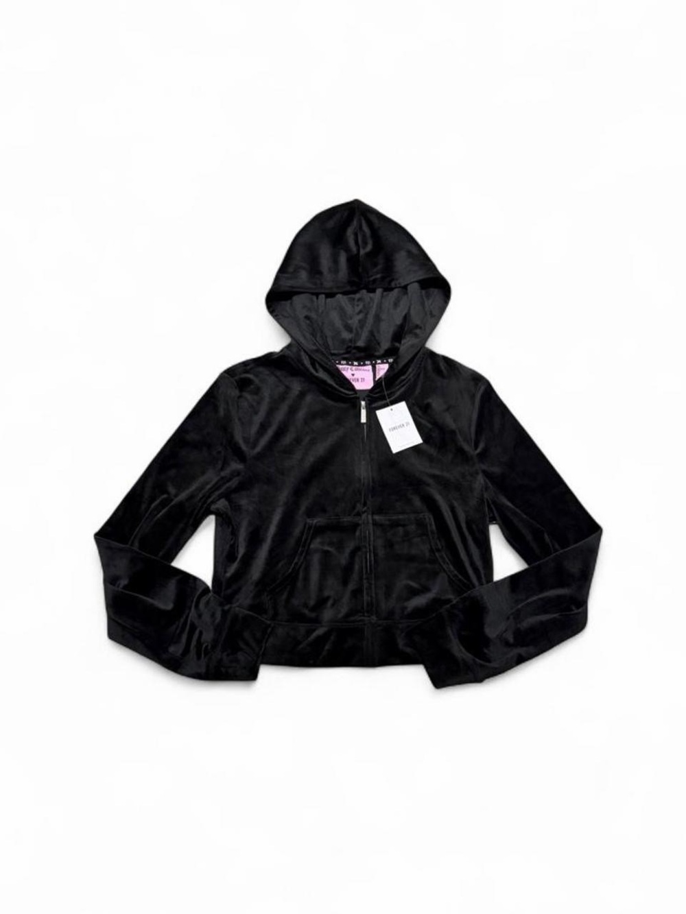 Juicy Couture Forever 21 Black Velour Hoodie Womens L Full Zip Rhinestones Y2K